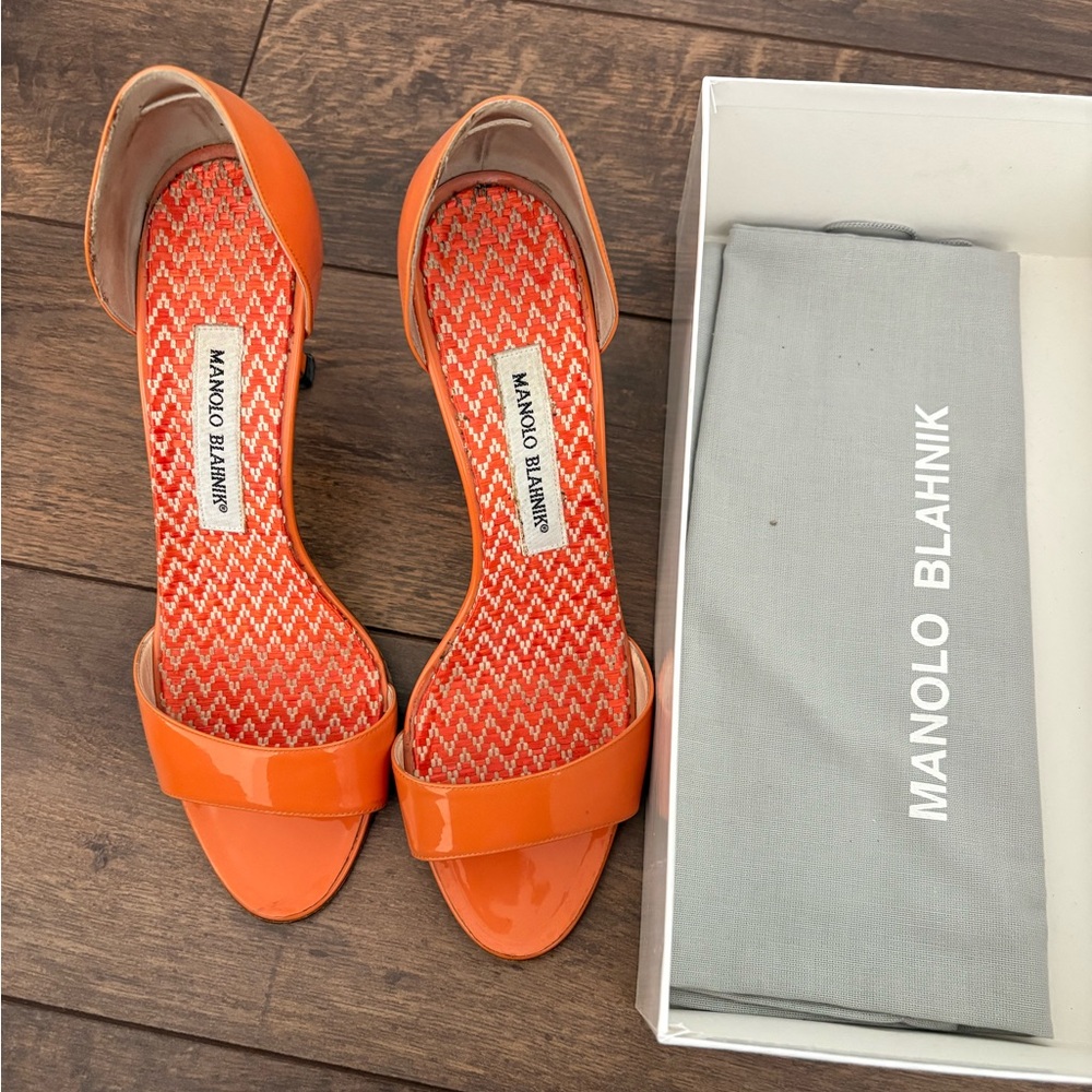 Manolo Blahnik Vibrant Orange Patten Heels
